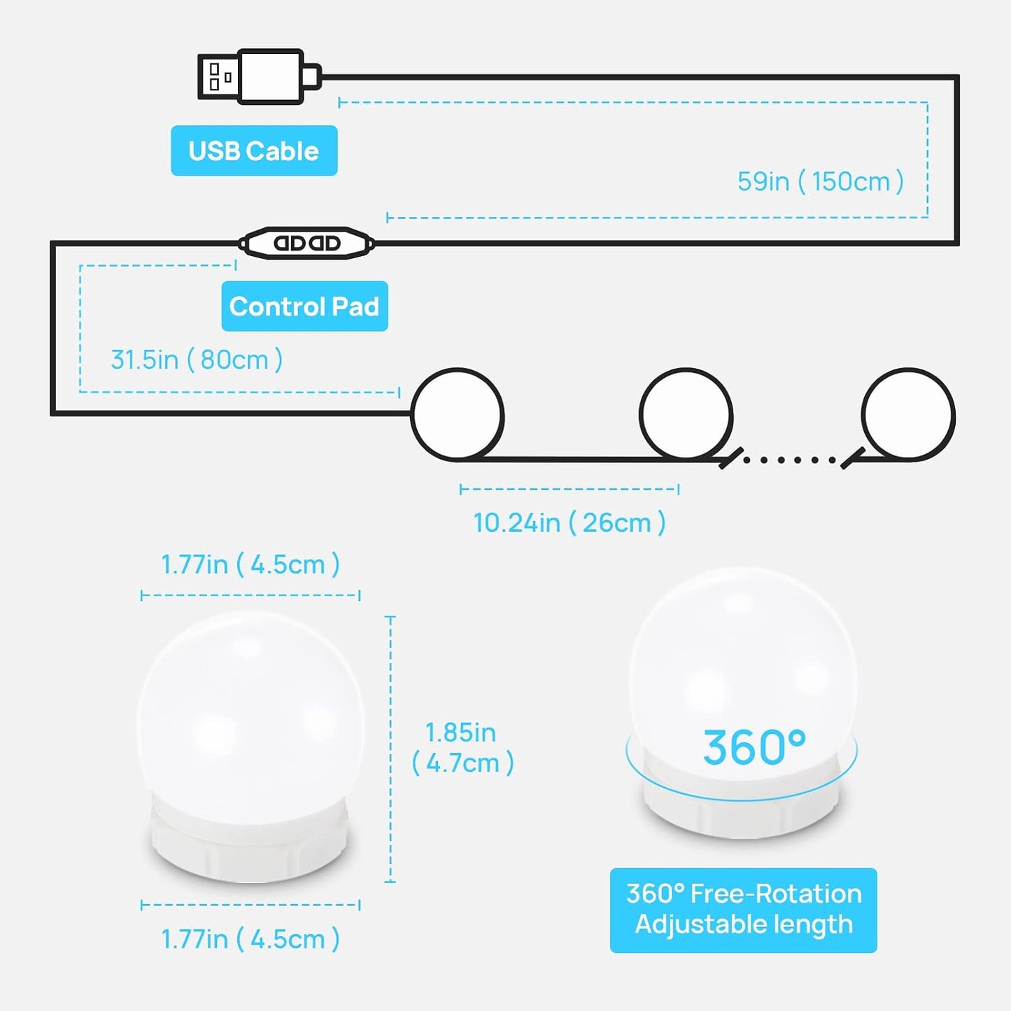 Consciot LED Vanity Lights for Mirror, Hollywood Style 10 Dimmable Bulbs | Adjustable Color & Brightness, USB Cable, Mirror Lights Stick on for Makeup Table Dressing Room Mirror
