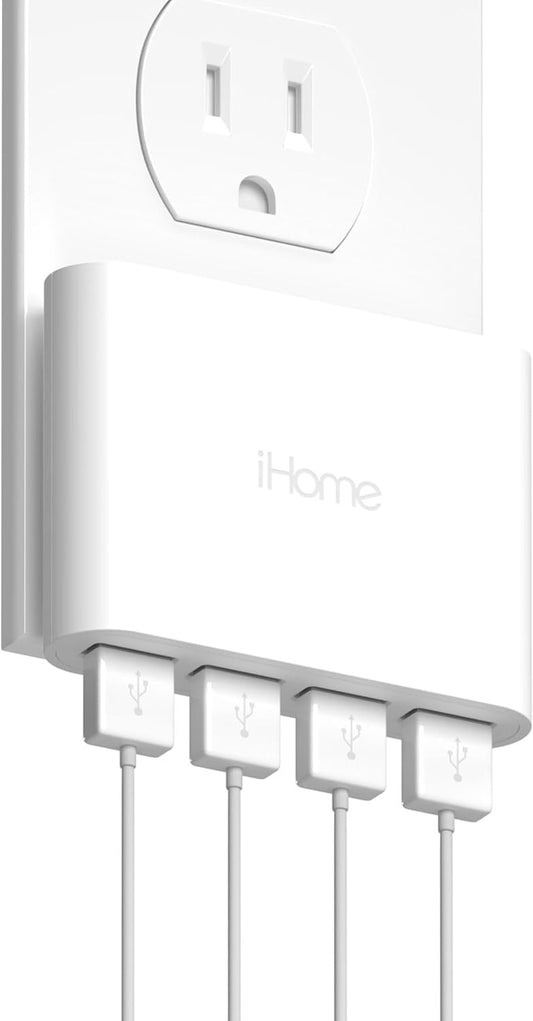 iHome Slim 4-Port USB Wall Charger, Flat Multiport Travel Plug Adapter | Foldable Prongs, 2.4A Rapid Charge Port, Charges iPhone, Android, iPad, AirPods, Travel-Friendly, Charging Block for Home Use