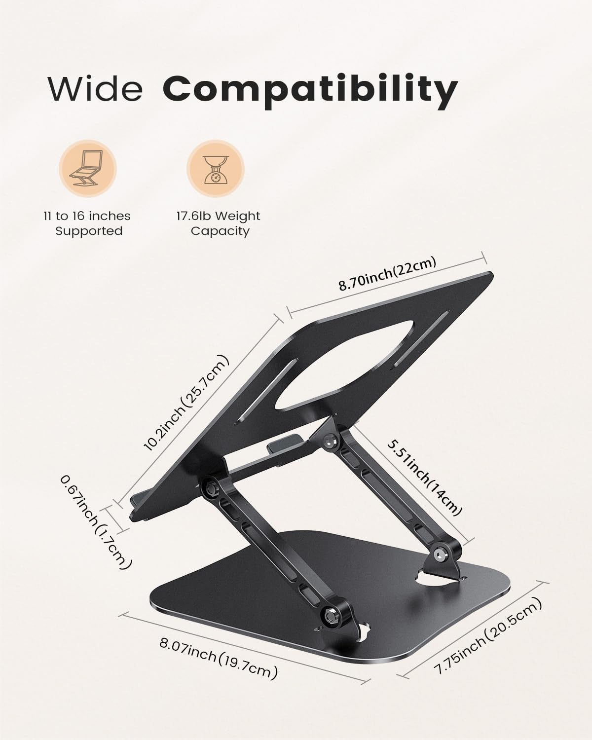 JOIOT Adjustable Aluminum Laptop Stand, Ergonomic Riser for 11-16" Laptops | Free Height Adjustable，Hollow Vent for Fast Cooling, Anti-Slip Silicone Pad, Foldable Portable for Home Office Travel