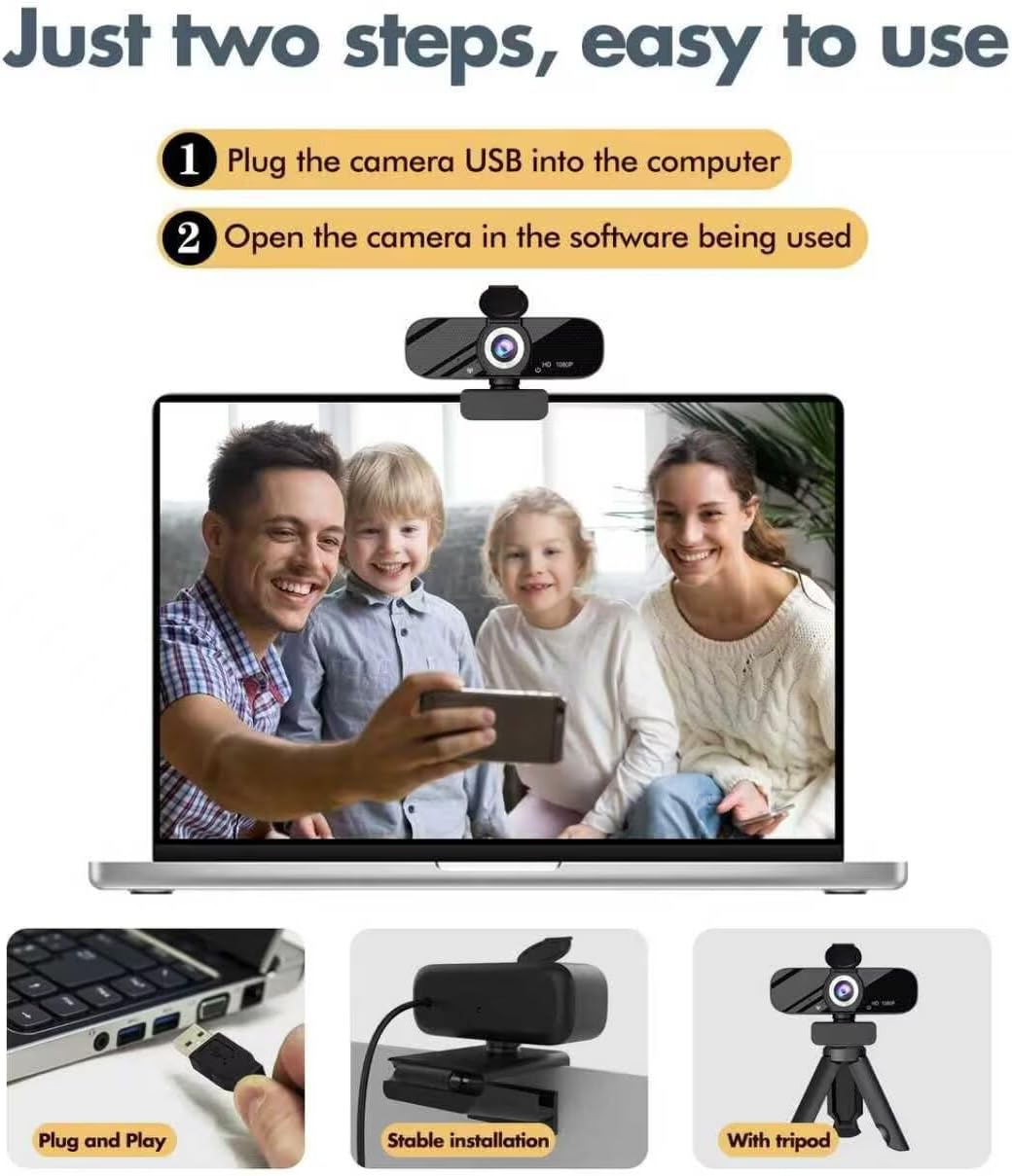 Tewiky Full HD Webcam with Built-in Microphone and Rotatable Tripod, 1080P Video and Wide Angle Camera, Privacy Cover, for Desktop PC or Laptop Computer