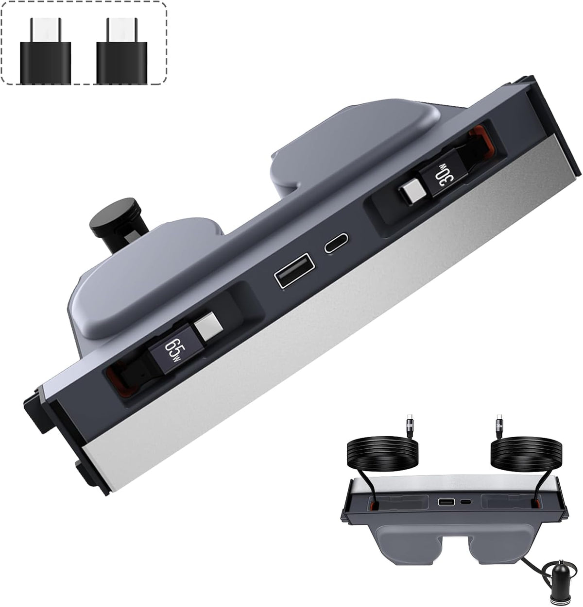 65W USB Charger Hub for Tesla Model Y Juniper 2025,2026 Accessories- 4-Port Fast Charging Hub with Sliding Cover, 2 Type-C Docking Station for Tesla Model 3 Highland 2024-2026
