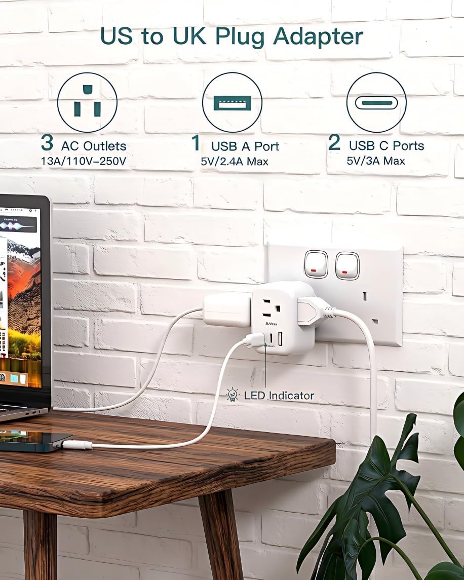 Addtam US to UK Ireland Travel Plug Adapter, Type G Power Plug Adapter with 3 Outlets 3 USB Ports(2 USB C), UK Adapters for Travel for USA to Dubai England London Scotland British Kenya Irish Hongkong