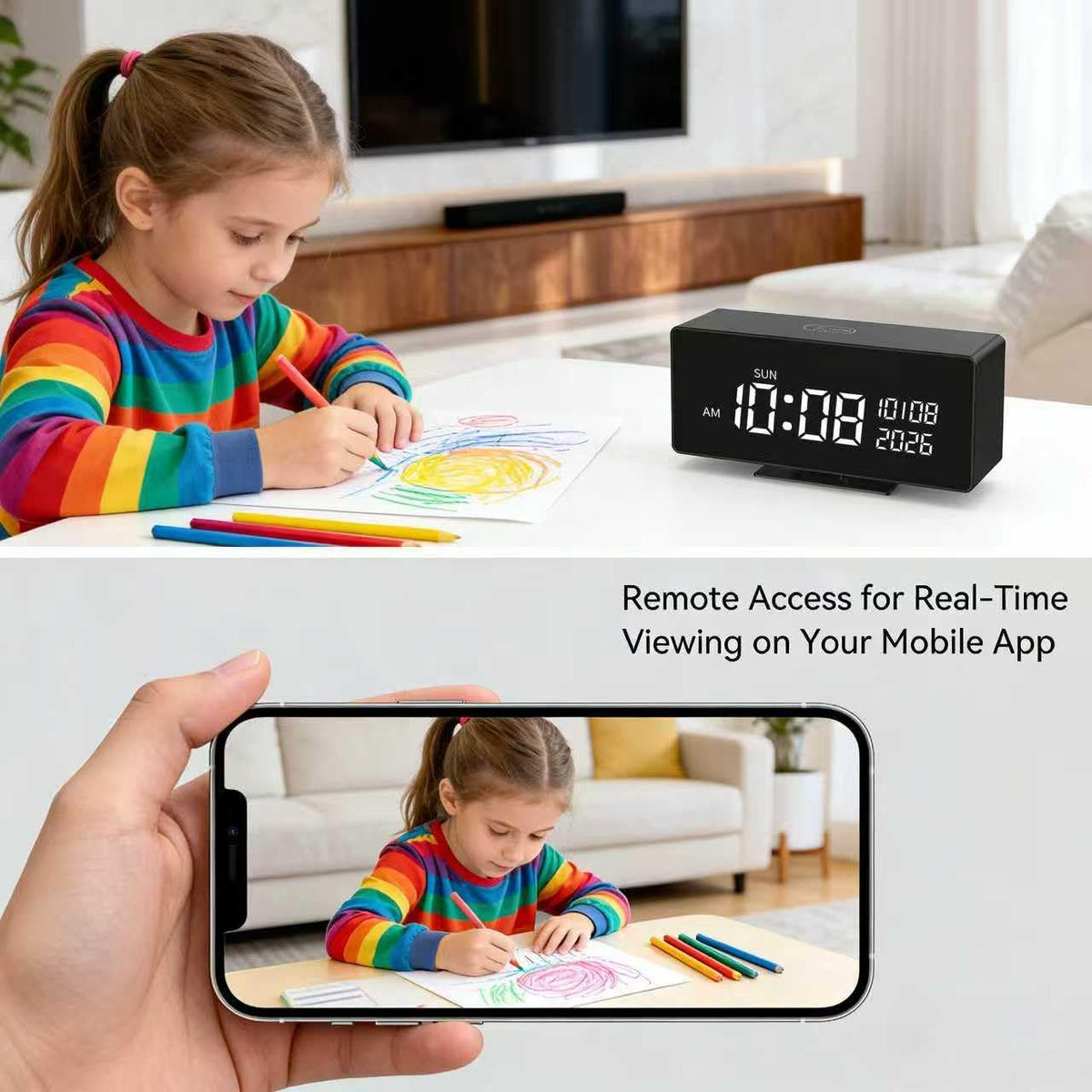 Clock Camera–Indoor Security Camera, Nanny Camera with 2K HD Video,AI Motion Alerts,Digital Clock, Night Vision, 5G&2.4G, Bluetooth Setup,Local & Cloud Storage