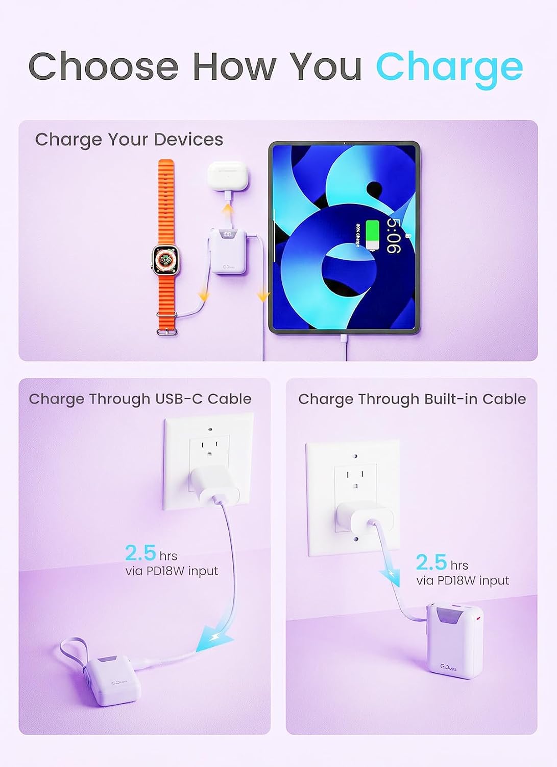 M1 Mini Portable Charger, 10000mAh Ultra-Compact Power Bank, 22.5W PD Fast Charging, Tpye-C Built-in Cable, Small External Battery Pack for iPhone, Samsung, Android iPad (Purple)
