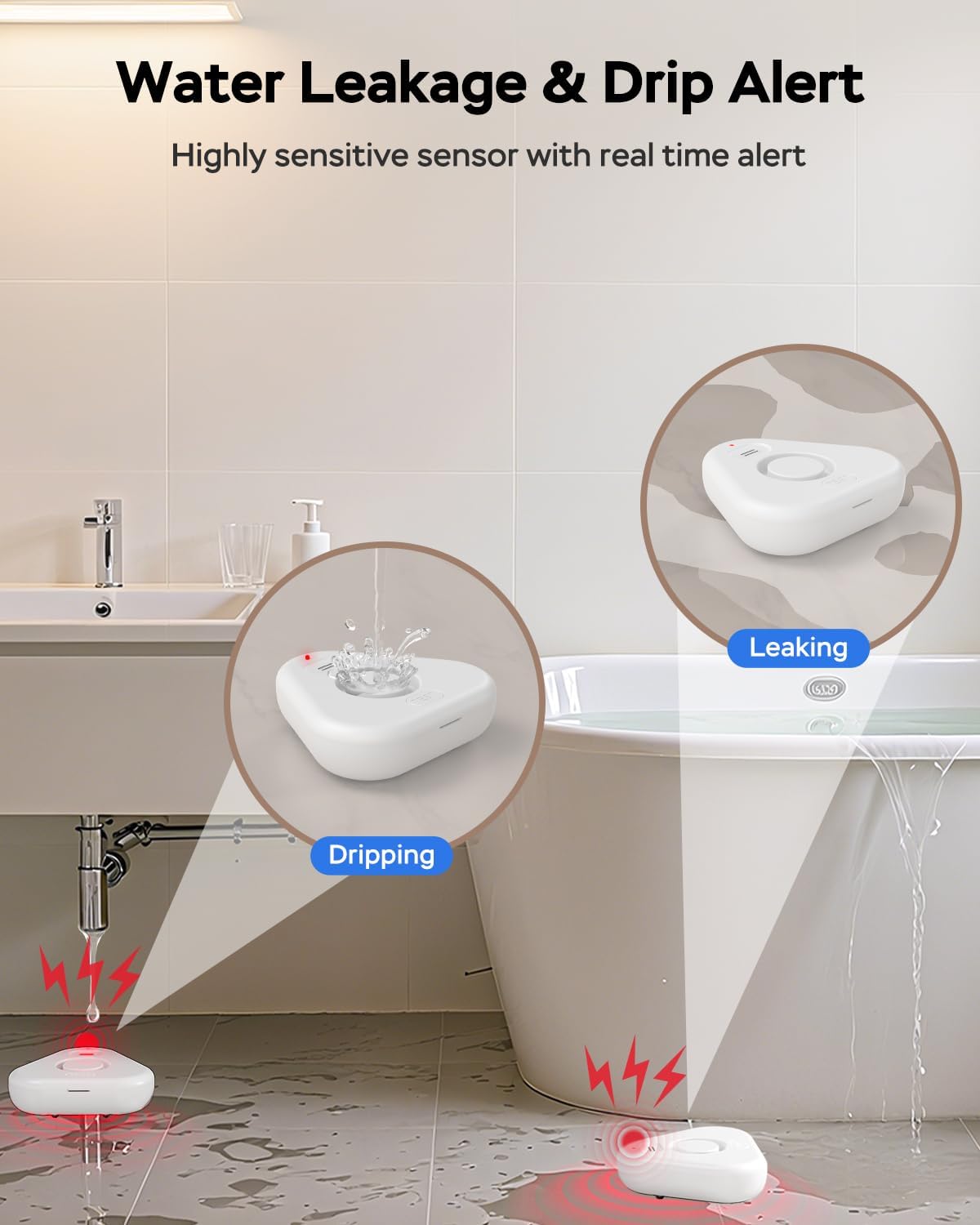 Water Detector Sensor,Water Leak Detectors for Home with App Alerts,Water Alarm with 120db Adjustable Alarm,500ft Transmission for Basement, Bathroom, Laundry, No Hub Required (Support 2.4G)