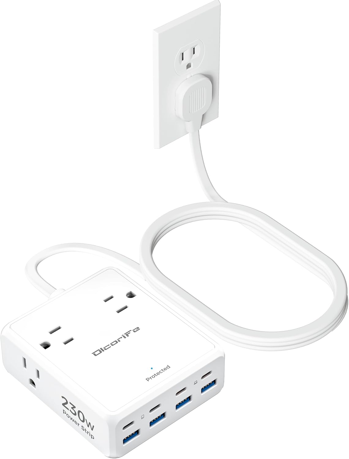 Olcorife Flat Plug Power Strip with 10 FT Extension Cord, 8 Outlets 4 USB Ports(1 USB C), 3 Sided Outlet Extender for Home Office Travel Dorm Room Essentials, White