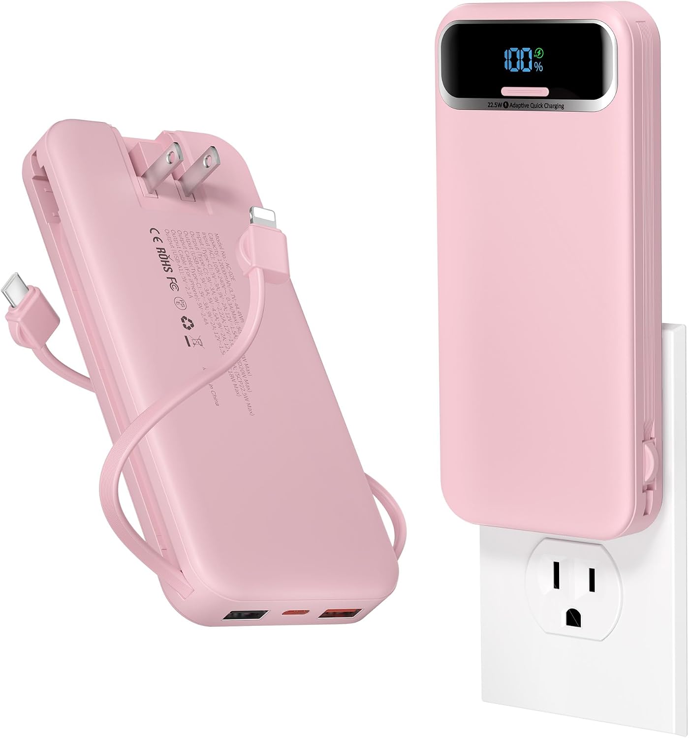 aonidi Portable Charger 12000mAh with Built-in Cables&AC Wall Plug, Pink | PD20W USB C Fast Charging,LED Display External Travel Power Bank,TSA approved Battery Pack for All iPhone,Samsung,Android