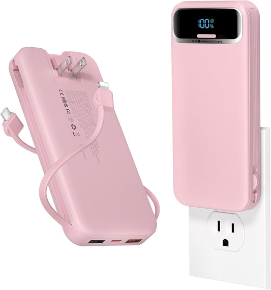 aonidi Portable Charger 12000mAh with Built-in Cables&AC Wall Plug, Pink | PD20W USB C Fast Charging,LED Display External Travel Power Bank,TSA approved Battery Pack for All iPhone,Samsung,Android