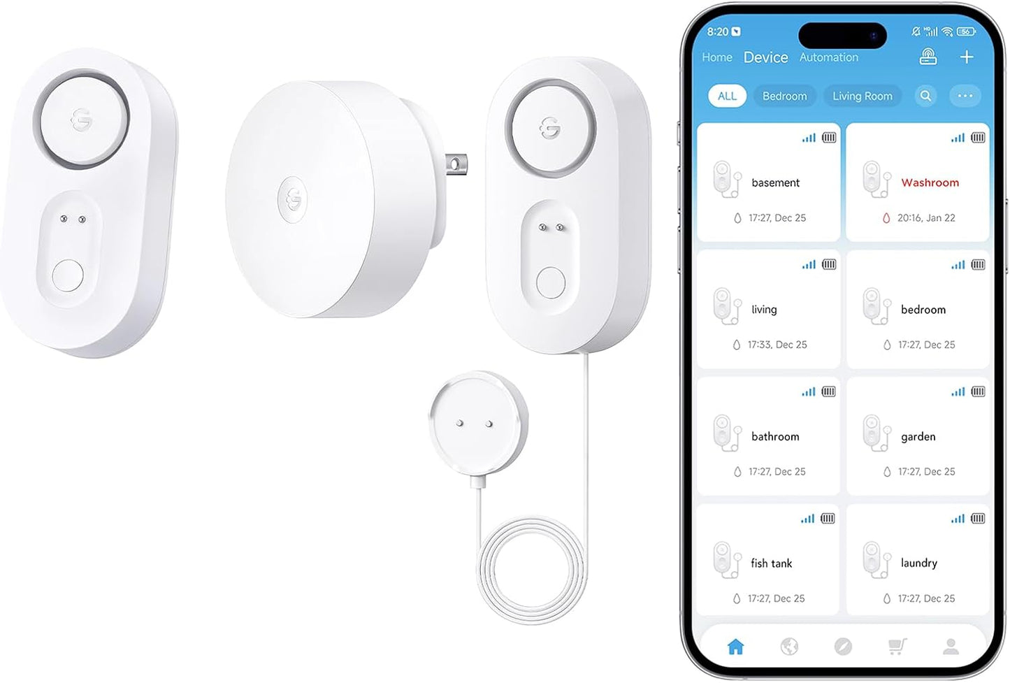 GoveeLife Upgraded Smart Water Leak Detector 1s and with Water Leak Detector 1s Sensor Cable,WiFi Water Sensor with SMS/Email/APP Push and Sound Alarm, 5-Year Battery Life, Suit for Home, Basement