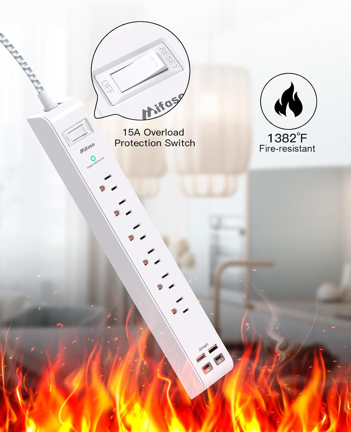 Mifaso Surge Protector Power Strip 10FT, Flat Plug, 6 AC & 4 USB (2 USB-C) | Desk Charging Station, Long Extension Cord with Multiple Outlets, Wall Mountable for Home, Office, Dorm Essentials, 1080J