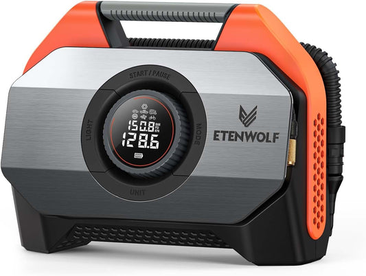 ETENWOLF VORTEX S6 Tire Inflator Portable Air Compressor, Cordless Air Pump | with 19200mAh for Heavy-duty Vehicle, Car & Inflatables-100% Duty Cycle & Dual Cylinder-Bike Pump-LED Backlight, Vivd Orange