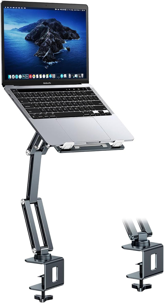 Laptop Stand Desk Mount, Aluminum Adjustable Laptop Arm with Tray | 360° Rotatable Ergonomic Computer Holder for 11-15 Inch Laptops & Tablets, Relieve Neck Strain for Sitting & Standing Work