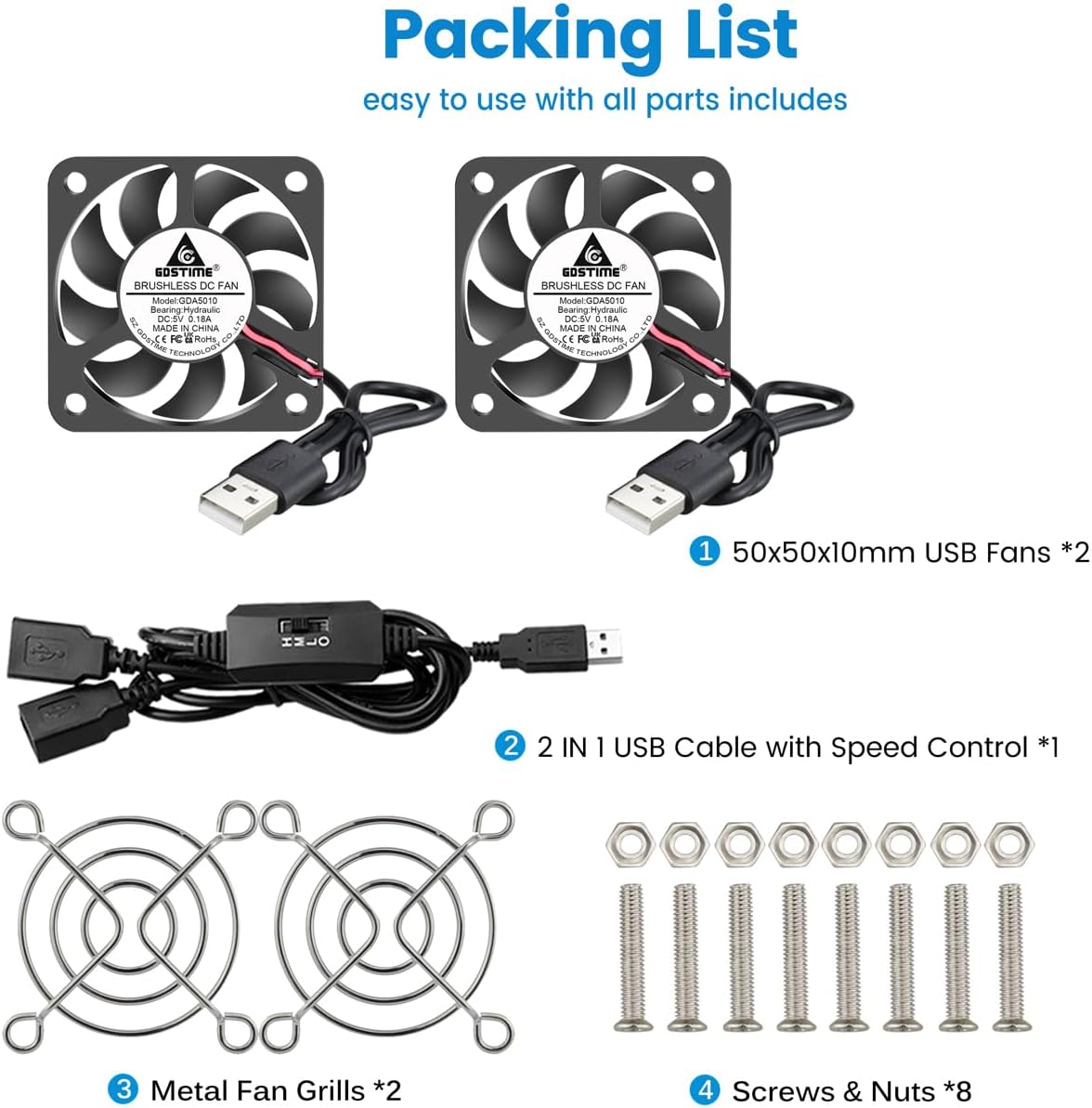 GDSTIME Dual 50mm USB Fan with 3 Speed Control, Mini 5V DC Cooling Cooler | 50x50x10mm, 5010, L/M/H Adjustable Wind, for Raspberry Pi, Cable Box, Aquarium, Small Appliances Series Replacement