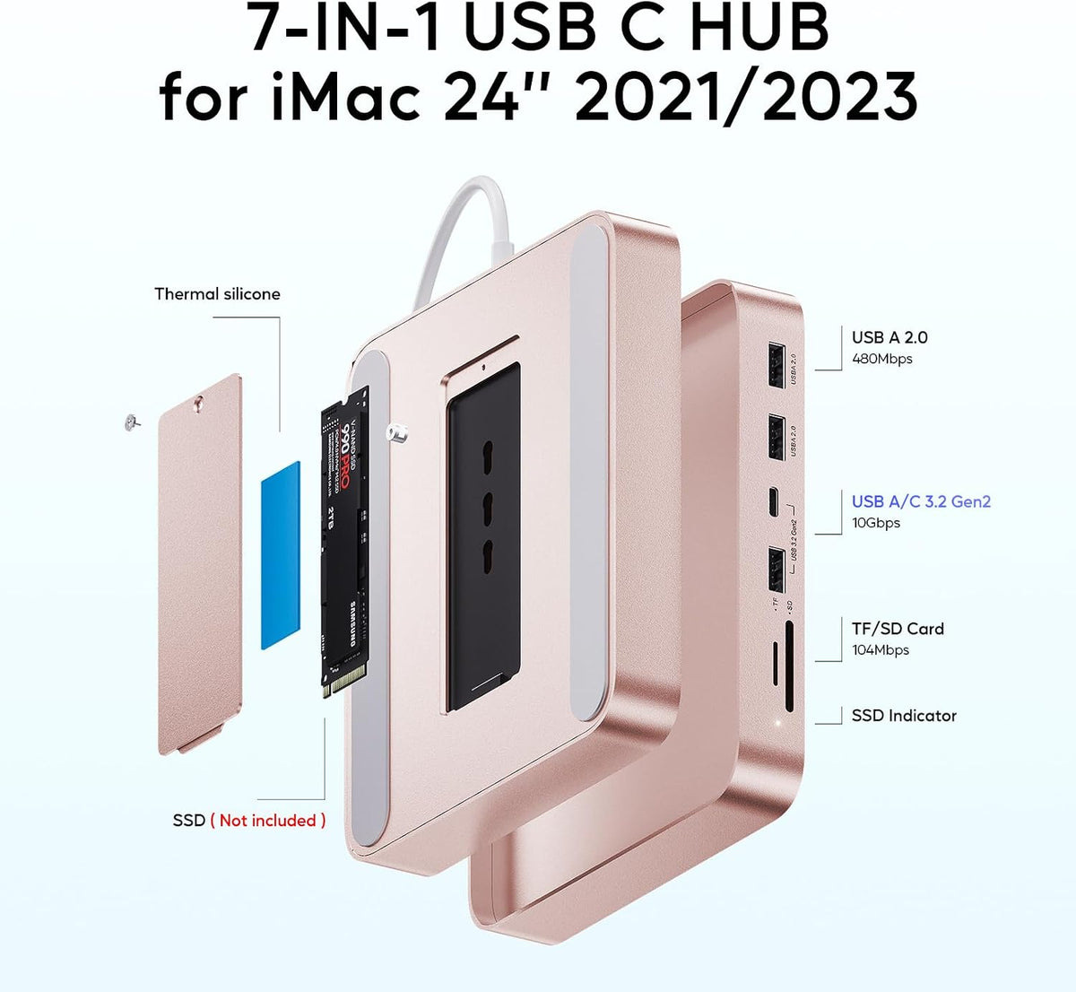 USB C HUB for iMac 24 inch 2021/2023 M1/M3 with M.2 4TB SSD NVMe Enclosure