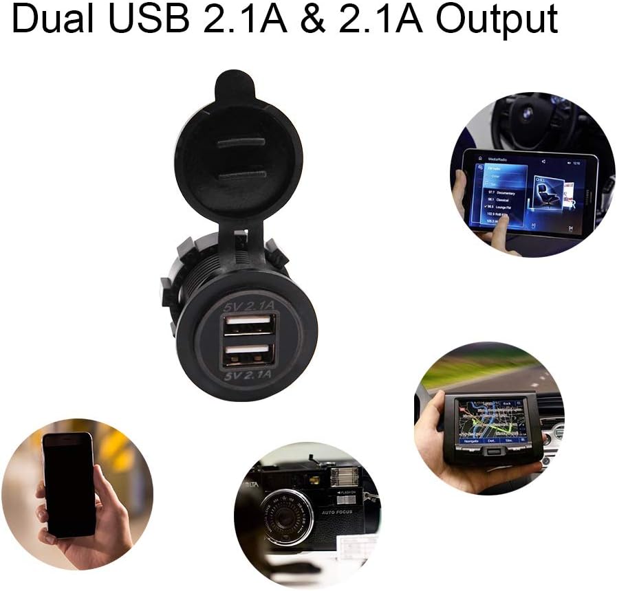 Dual USB Charger Socket Waterproof Power Outlet 12V/24V 2.1A & 2.1A for Car Boat Marine RV Mobile Blue LED
