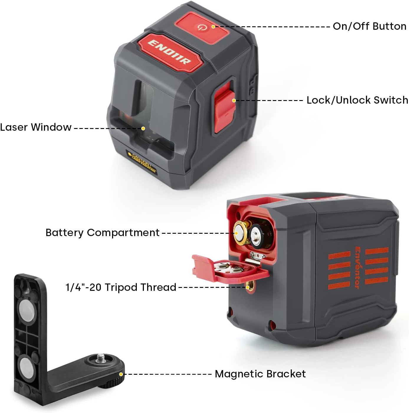 ENVENTOR Laser Level, Red Self Leveling Laser Level with Horizontal Vertical 2 Line Laser Tool 360° for Wall Picture Hanging, Waterproof Cross Line Laser Outdoor, Battery Carrying Bag Included