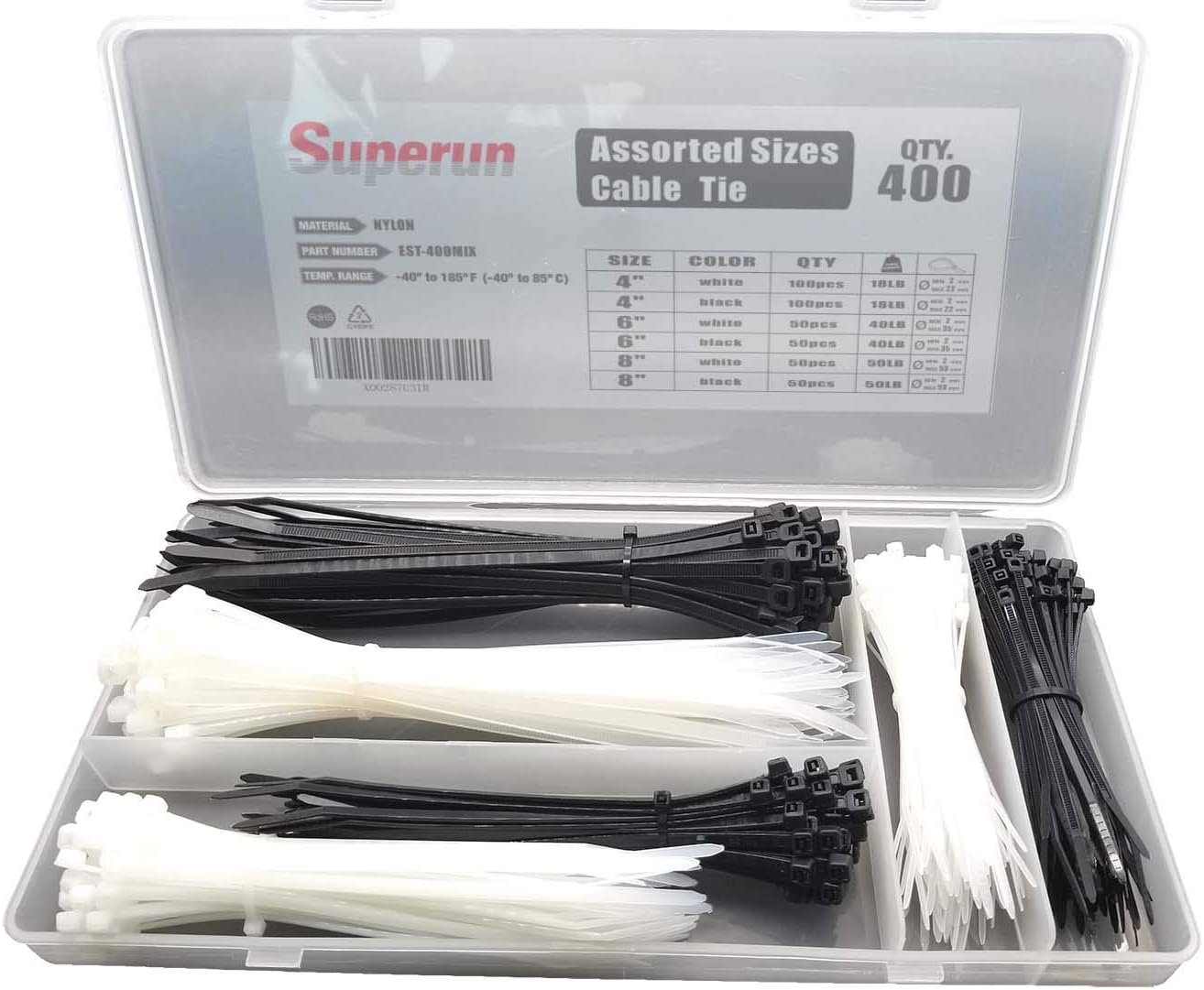 Superun Zip Tie Kit - 400 Pack Zip Ties Assorted Sizes 4 Inch, 6 Inch, 8 Inch Mix Pack in Black & White Wire Ties assortment… | Self-locking,Zip Tie Kit packed in case,Assorted Cable Ties 4 inch 6 inch 8 inch Mix Pack，Heavy duty,For indoor and outdoor