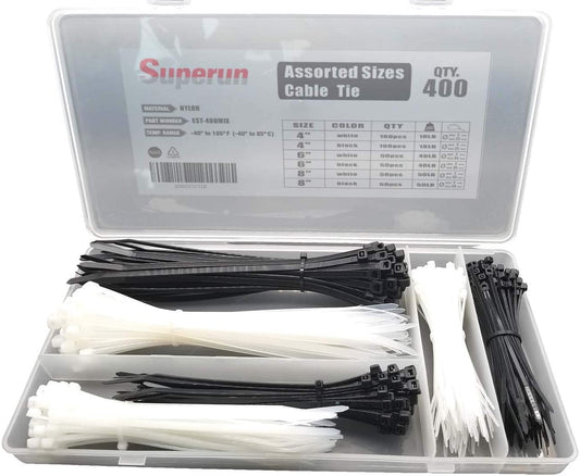 Superun Zip Tie Kit - 400 Pack Zip Ties Assorted Sizes 4 Inch, 6 Inch, 8 Inch Mix Pack in Black & White Wire Ties assortment… | Self-locking,Zip Tie Kit packed in case,Assorted Cable Ties 4 inch 6 inch 8 inch Mix Pack，Heavy duty,For indoor and outdoor