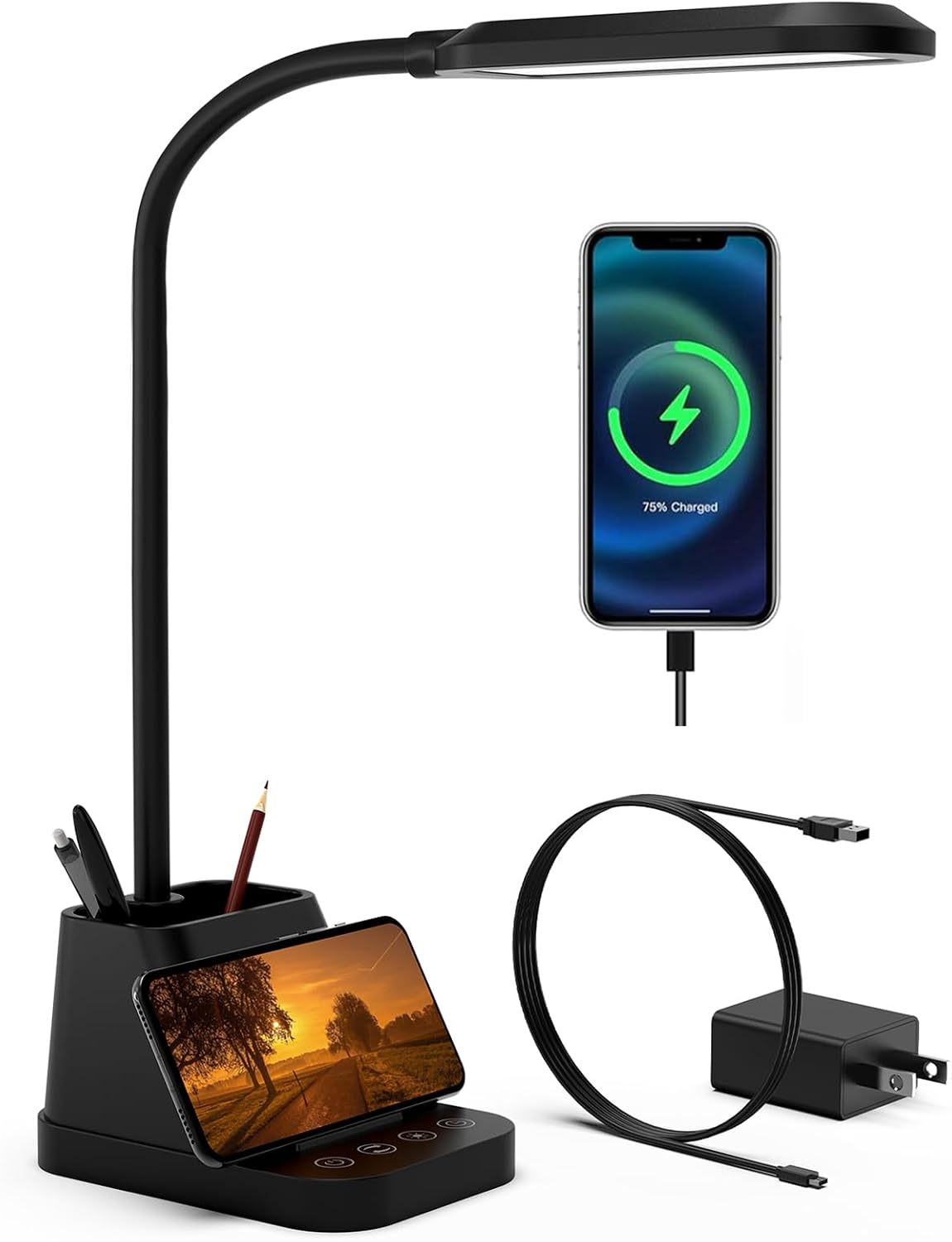 AXX LED Desk Lamp with USB Charging Port for College Dorm Room | for Home Office Bedrooms, Back to School, Black, Small, 650LM, Pen Holder, Timer Settings, Gooseneck, Study Light