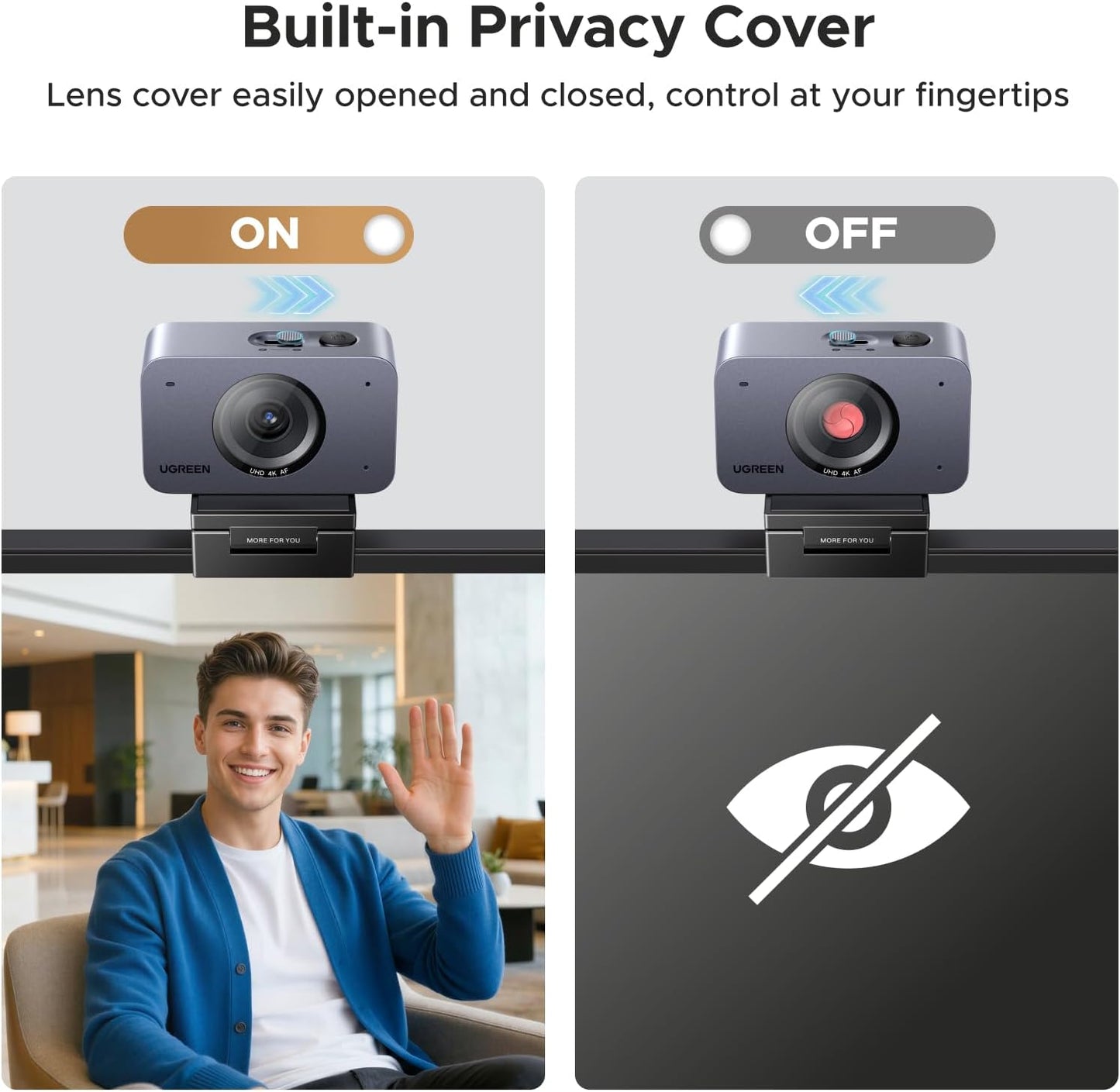 UGREEN 4K Webcam with Auto Focus, Dual AI Noise-canceling Mics for PC/Mac | 1/2.55" CMOS Sensor, 1080P 60FPS, Privacy Cover, Portrait Mode, Live Streaming, Conference, OBS, Zoom, Teams