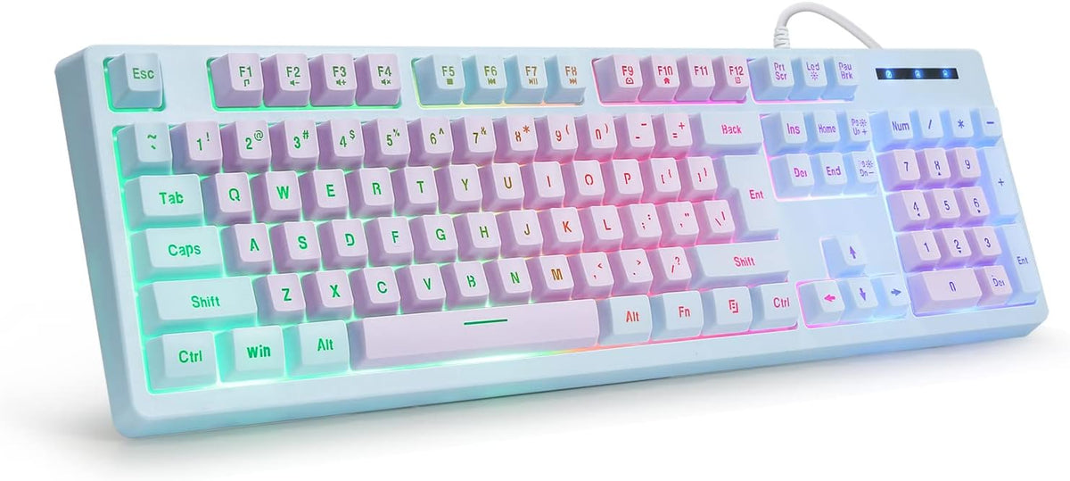 HUO JI Wired Gaming Keyboard with Rainbow LED Backlit, Purple Blue | Floating Keys, Mechanical Feeling, Spill Resistant, USB Ergonomic for Xbox, PS Series, Desktop, Computer, PC