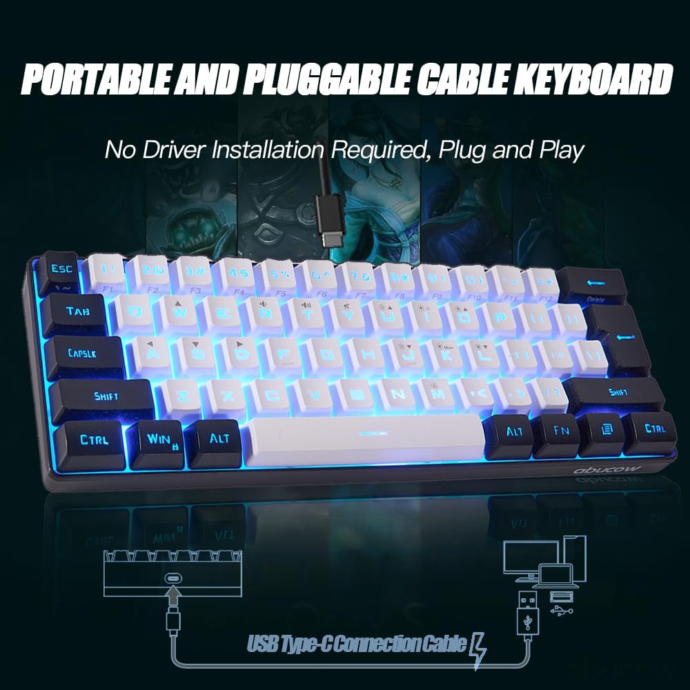 abucow 60% Percent Gaming Keyboard Minimalist Portable Wired Ultra-Compact Mini Imitation 61 Keys RGB Backlit Keyboard (White-Black)
