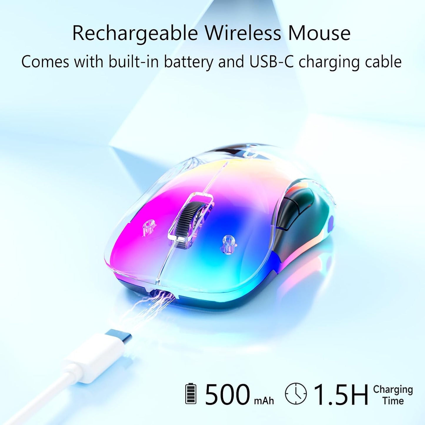memzuoix 2.4G Wireless Mouse with Customizable Cover & 9-Color LED - Rechargeable Ergonomic, 1200 DPI, 5 Buttons, USB Receiver for PC/Mac - White