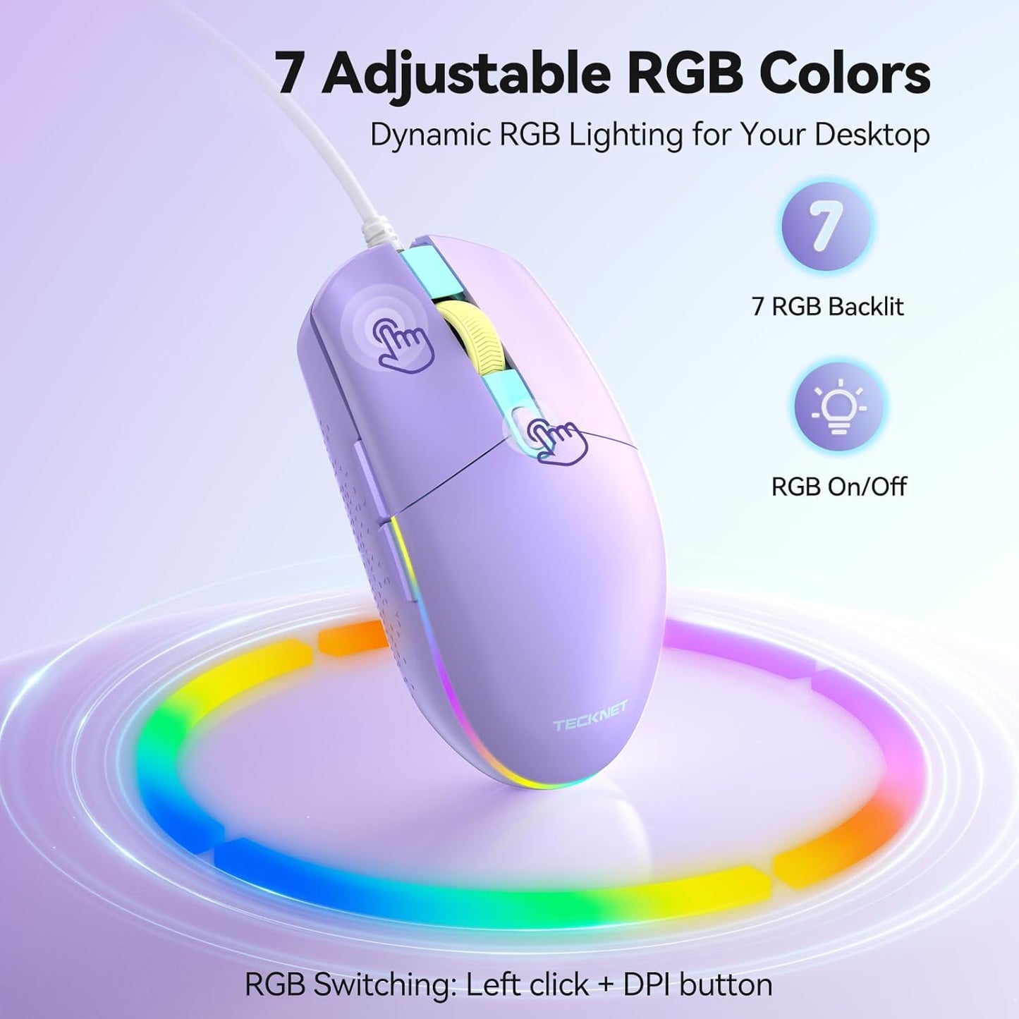 TECKNET Wired Mouse with RGB Backlit, Full Size Mouse with Side Buttons | Up to 8000 DPI, Plug and Play Silent Corded USB Computer Mouse, 7 Adjustable RGB Lighting Modes, Office and Gaming Mice