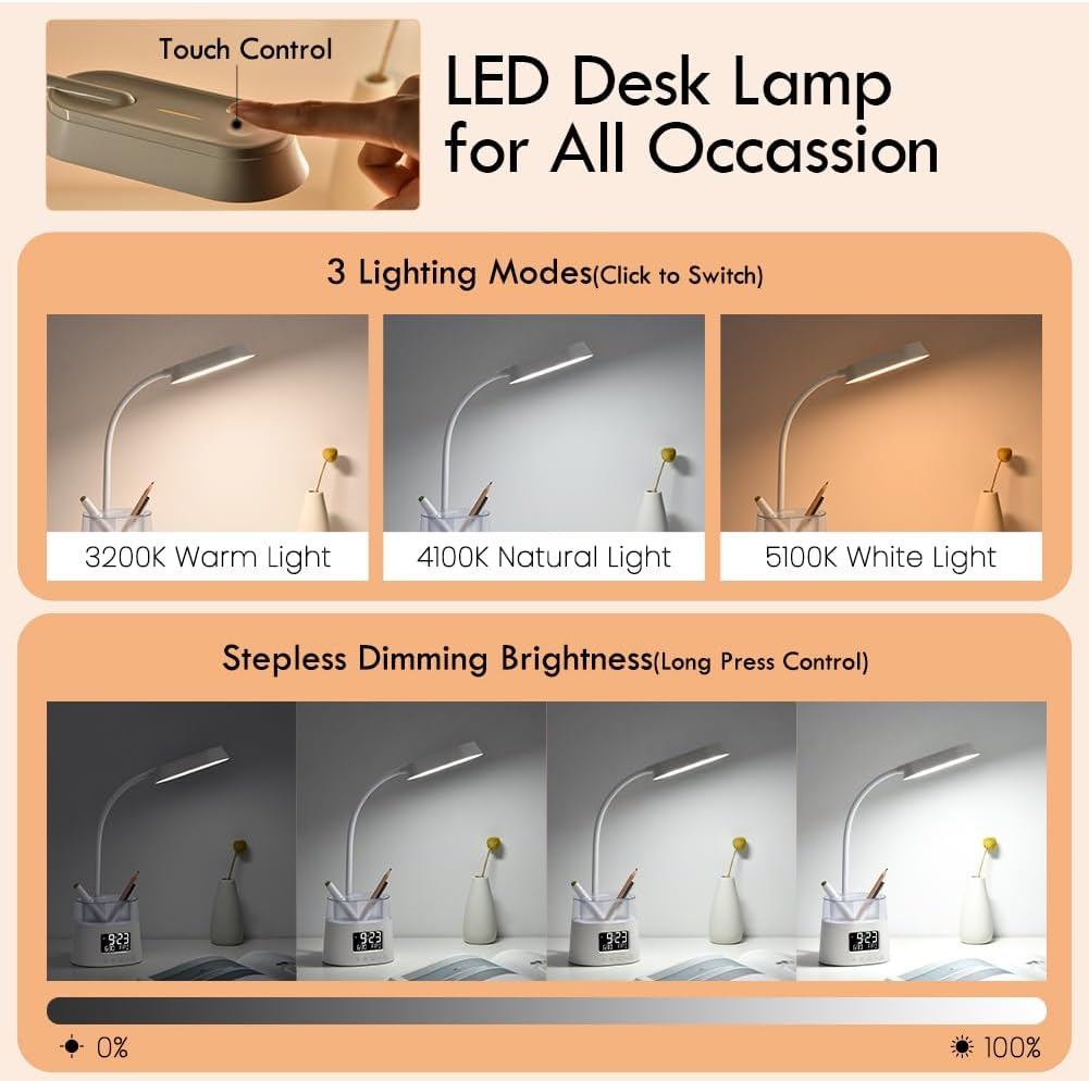 WILIT LED Desk Lamps for Home Office with Pen Holder, Table Lamp for Bedroom with USB Charging Port &amp; Clock, RGB Night Light, Study Lamp for Kids Girls, Desk Light for College Dorm Room Essentials