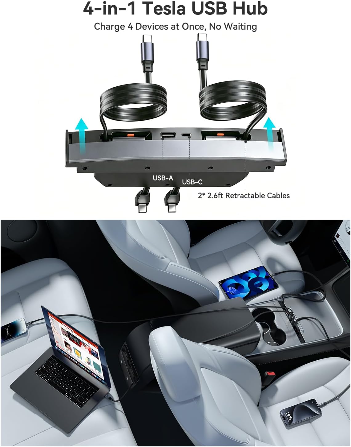 4-in-1 Phone Charger USB Hub for Tesla Model Y 2021-2024 &Model 3 2021-2023 | 27W Fast Charging, Center Console Docking Station with 2 2.6ft Retractable Cables and 2 USB Ports,Tesla Accessories