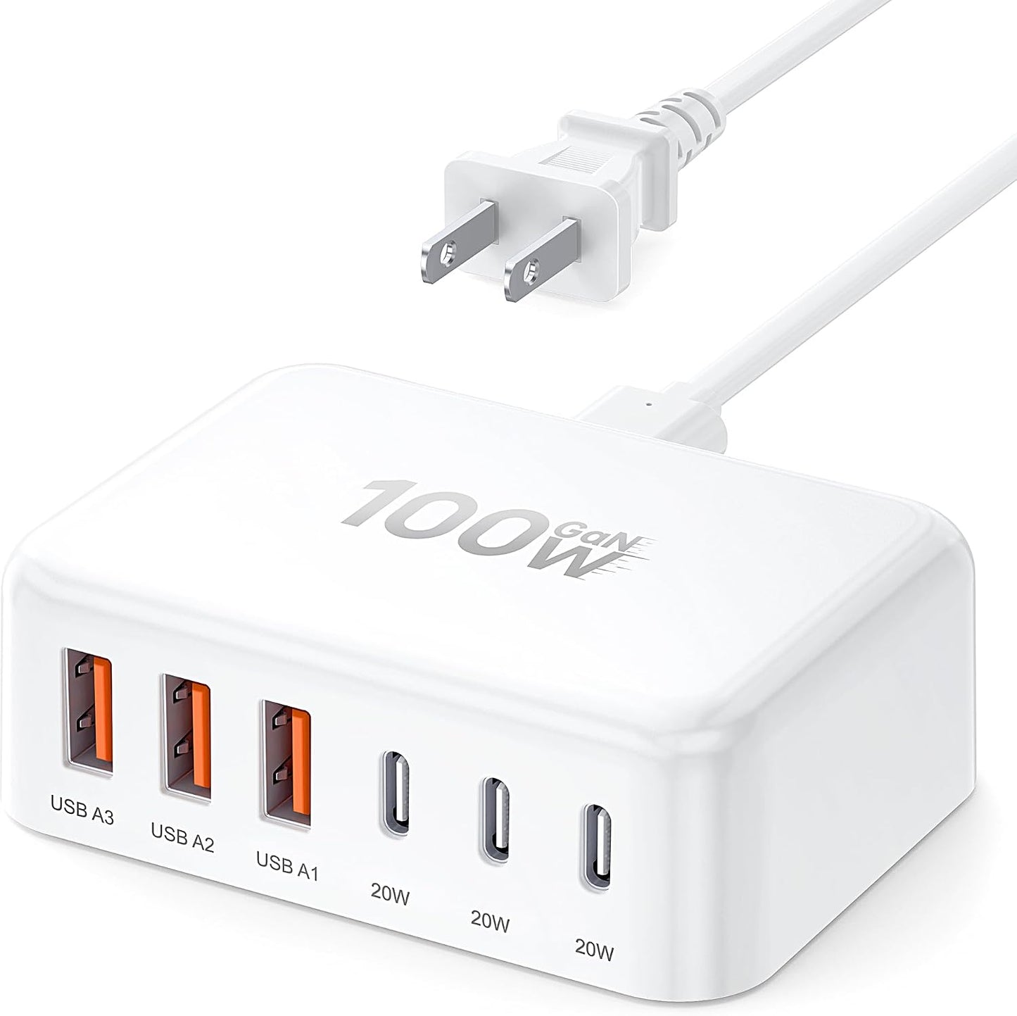 [2026 Updated] USB C Fast Charger, 100W GaN 6 Port Type C Charging Station Hub Block Cube, USB C Wall Charger Power Strip Adapter Plug for iPad iPhone 17 16 15 14 Pro Max Pixel Note Galaxy, 5ft Cord