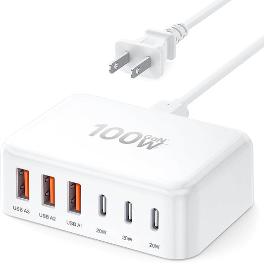 [2026 Updated] USB C Fast Charger, 100W GaN 6 Port Type C Charging Station Hub Block Cube, USB C Wall Charger Power Strip Adapter Plug for iPad iPhone 17 16 15 14 Pro Max Pixel Note Galaxy, 5ft Cord