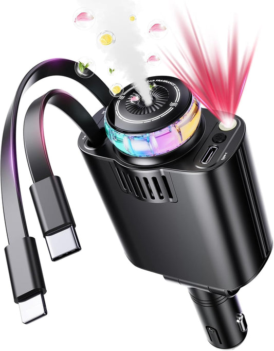 5 in 1 Retractable USB C Car Charger Fast Charge Aromatherapy Starry Sky | 69W Car Chargers Fast Charging Adapter with Air Freshener & Starlight, Compatible with iPhone 17 16 15 14 13 & Android