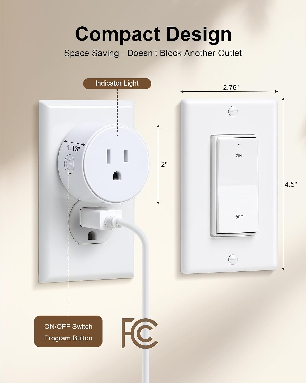 Remote Control Outlet Plug with Decorator Rocker Wall Switch | 200FT Wireless Range, Mini Round Plug, 15A/1875W, for Lamps/Lights/Household Appliances, FCC listed, Pre-Programmed