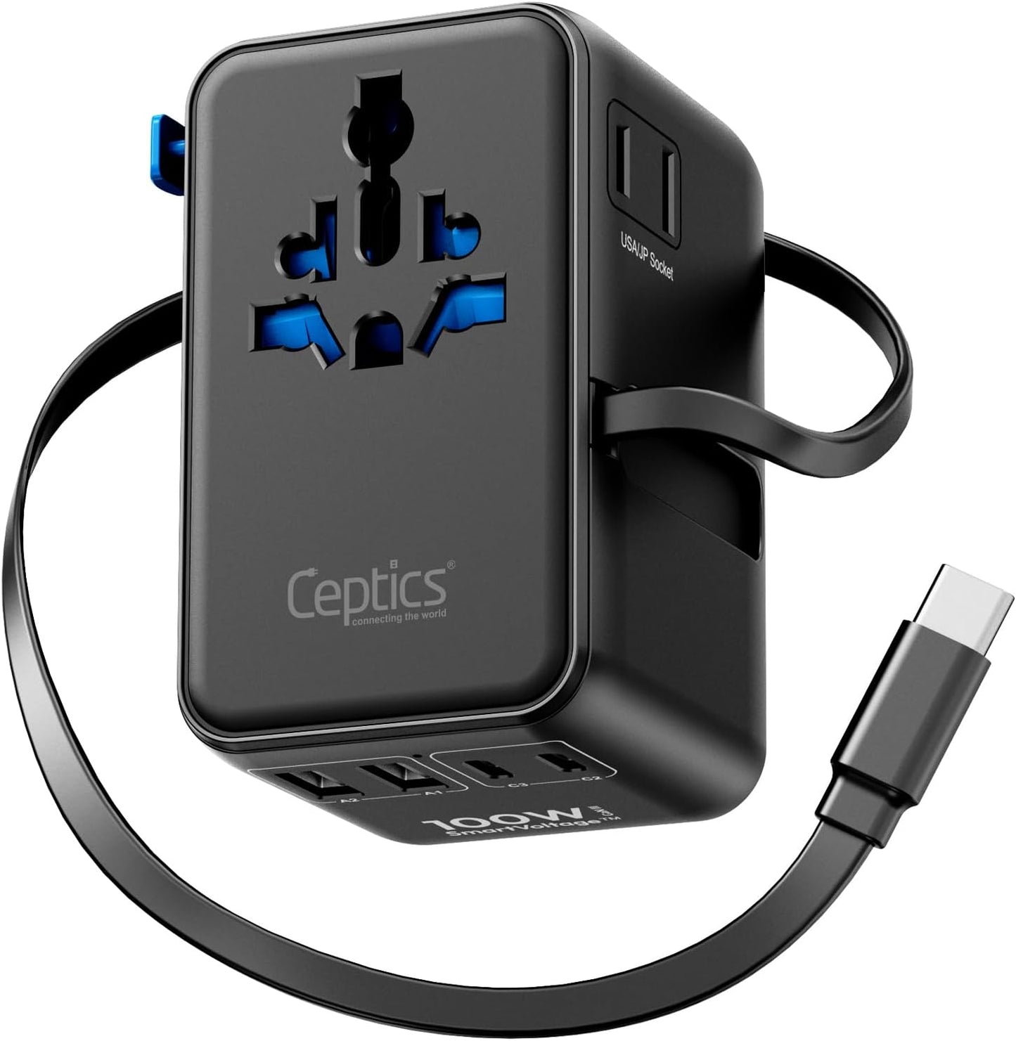Ceptics GAN 100W Universal Travel Adapter with Retractable USB-C Cable, 2X USB-A & C, Universal Input and 1x USA/JP Input, 7 in 1 Universal Adapter for Worldwide Travel - Type A, C, G, I Output
