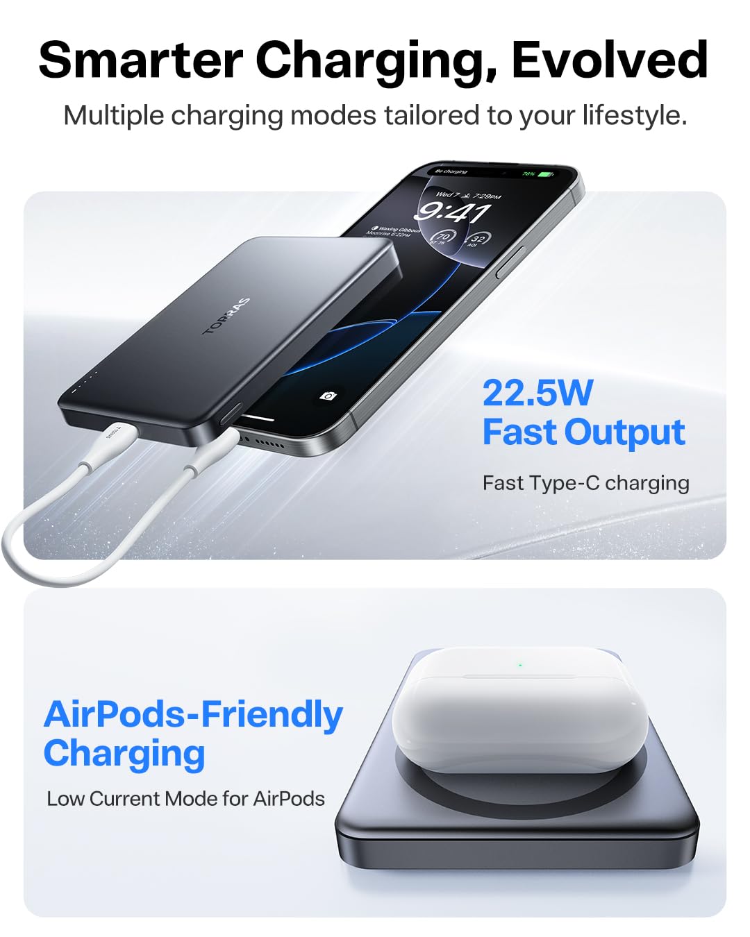 TORRAS MiniMag Power Bank,Ultra-Slim 10,000mAh Magnetic Wireless Portable Charger, 22.5W Fast Charging iPhone Air Magnetic Battery Pack Designed for iPhone 17 Pro Max/17 Pro/Air/16/15/14/13/12, Gray
