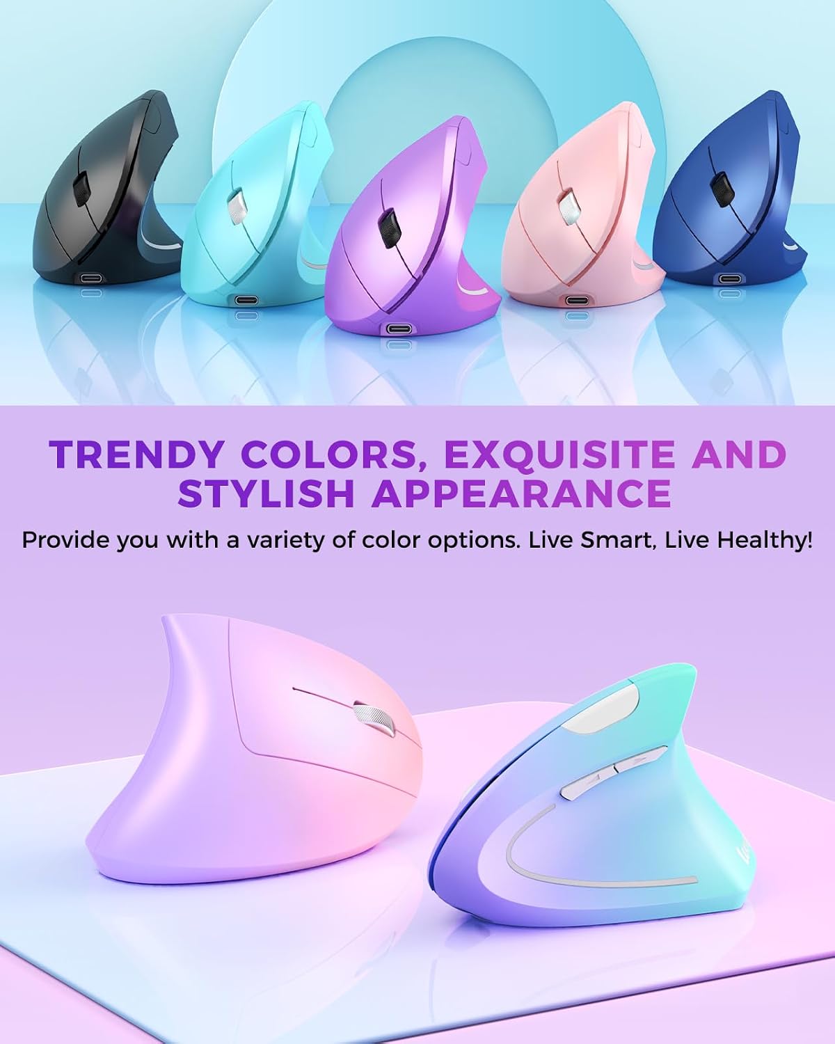 Lekvey Ergonomic Mouse, Rechargeable Vertical Wireless Mouse, Purple | USB-C Charging, 2.4G USB Wireless, Plug & Play, 3 DPI (800/1200/1600), Quiet Clicks, Carpal Tunnel Mouse, for Laptop, PC, Mac