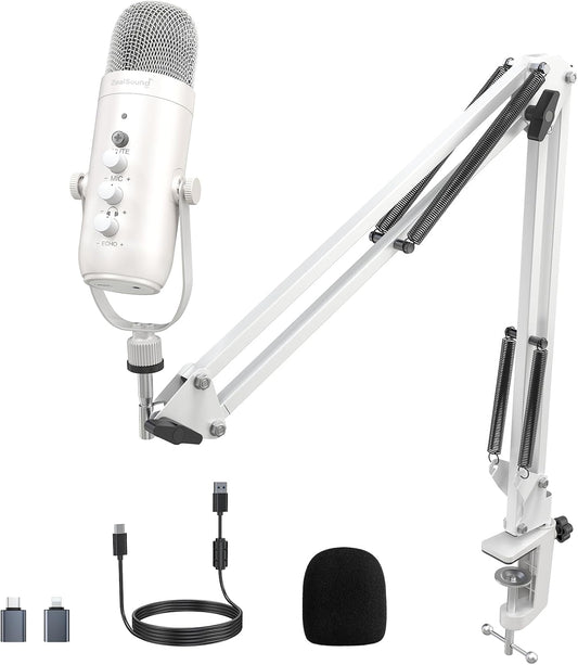 ZealSound Gaming Microphone for PC, USB Podcast Microphone with Noise Reduction, Mute & Gain Control, Zero-Latency Monitoring, Echo Control, Boom Arm, for Mac, iPhone, Stream, YouTube, TikTok (White)