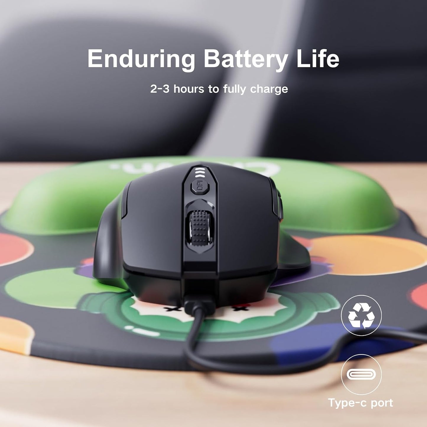 Uineer Wireless Mouse, 2.4GHz Rechargeable Computer Mouse, Battery Display | Stable 2.4GHz USB-A connection, rechargeable battery display and 4 adjustable DPI levels.