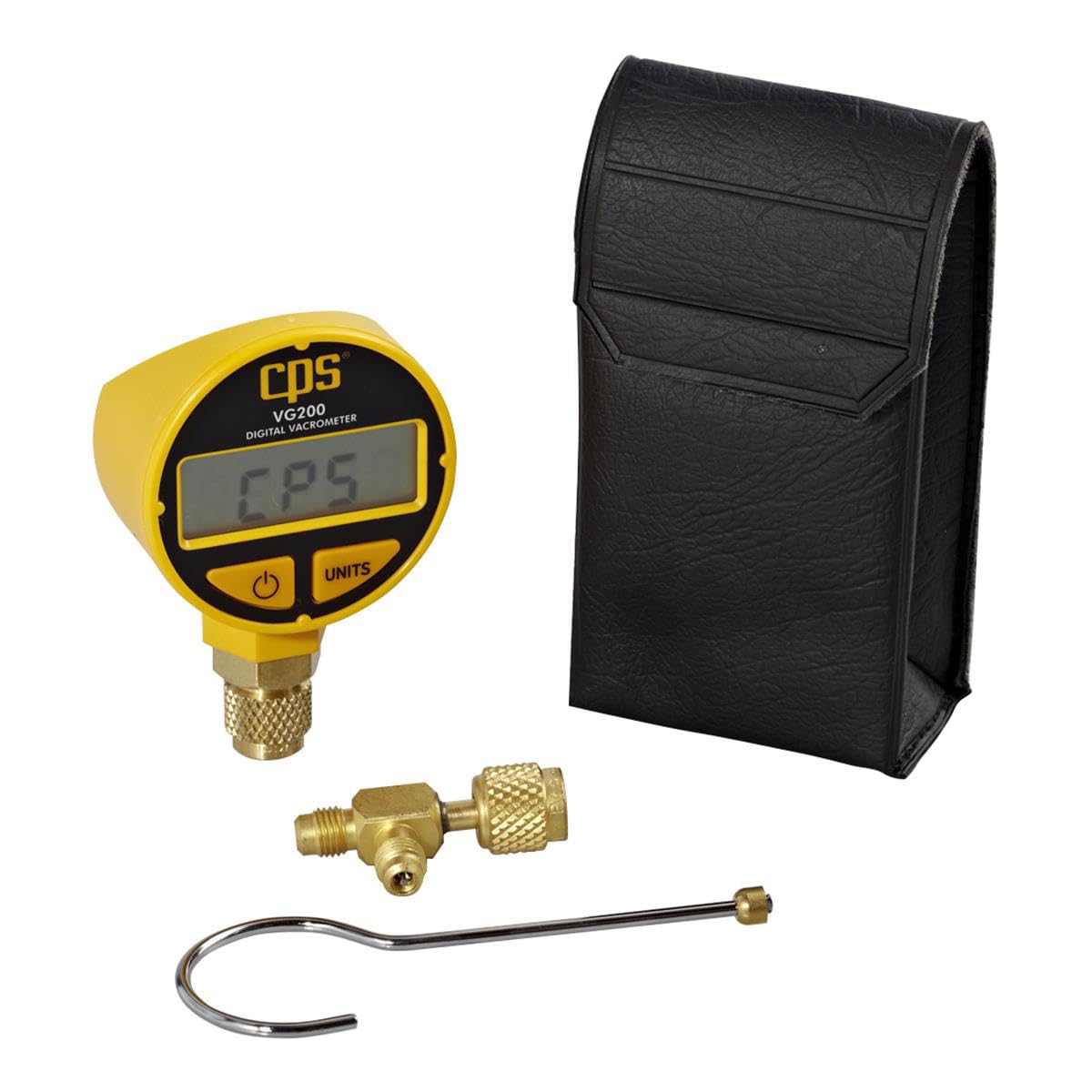 CPS VG200 Digital Vacrometer Vacuum Gauge, Measures Microns, Millibar, TORR, Inches/HG, Two Button Operation, Automatic Temperature Compensation, 5-digit LCD Display, Padded Case, T-Fitting and Hook