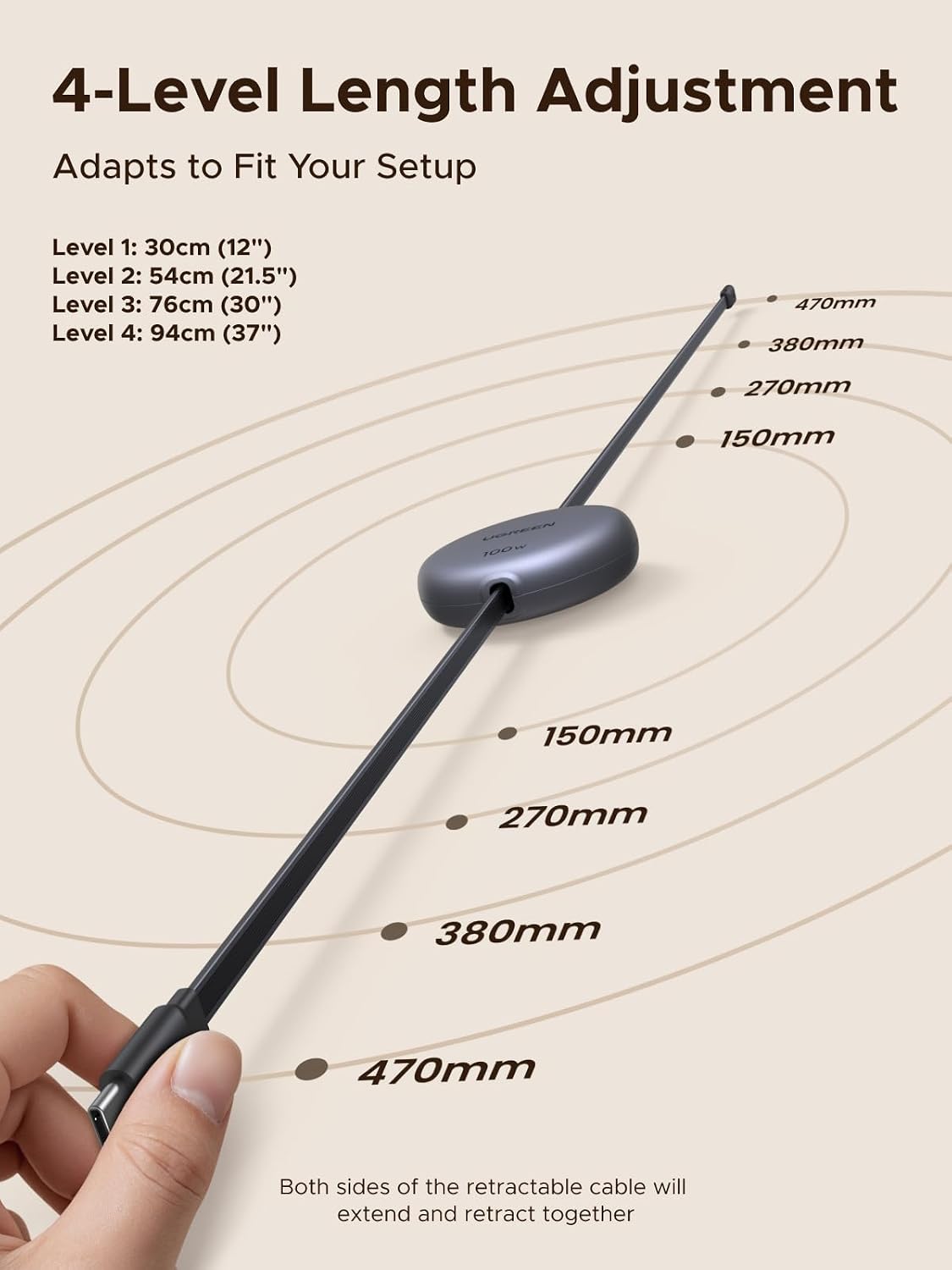 UGREEN 100W Retractable USB C Cable, Fast Charging, Black, 3.3FT | Compatible with iPhone 17/16/15, MacBook Pro/Air, Galaxy S26/S25, iPad Pro/Air, Pixel 10/9, Switch, AirPods. Nylon Braided