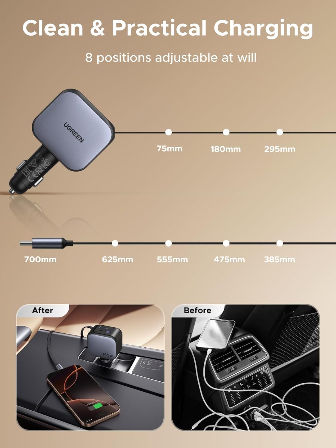 UGREEN 145W 4-Port Retractable Car Charger with 60W Retractable Cable | 3 USB-C 1 USB-A, Compatible with iPhone 17 Air 17 Pro 17 Pro Max 16 15 14 13 12, Galaxy S25 S24 S23 Ultra, iPad, MacBook