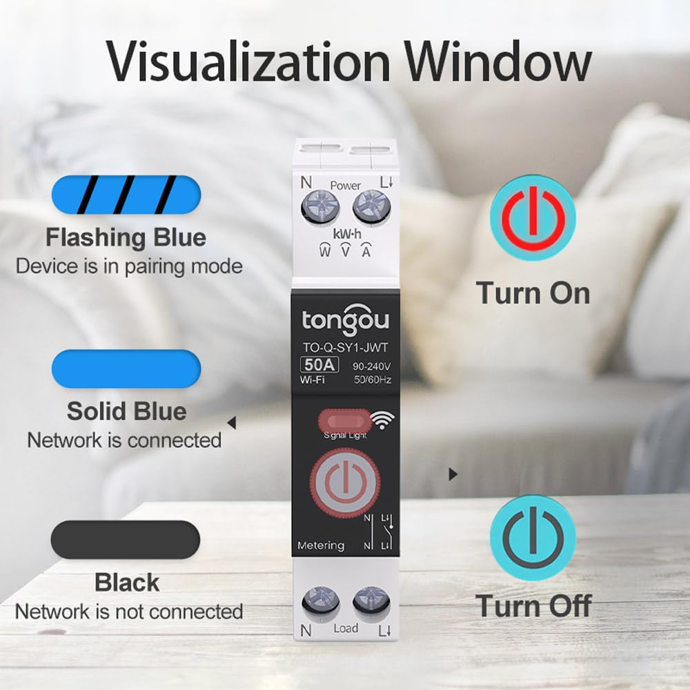 TONGOU DIY 1P+N Smart Wi-Fi Switch, Work with Alexa and Google Assistant for Voice Control, 50A with Energy Monitor, Smart Life/Tuya APP Remote Control, Timer Functions, DIN Rail Mounted,FCC Certified