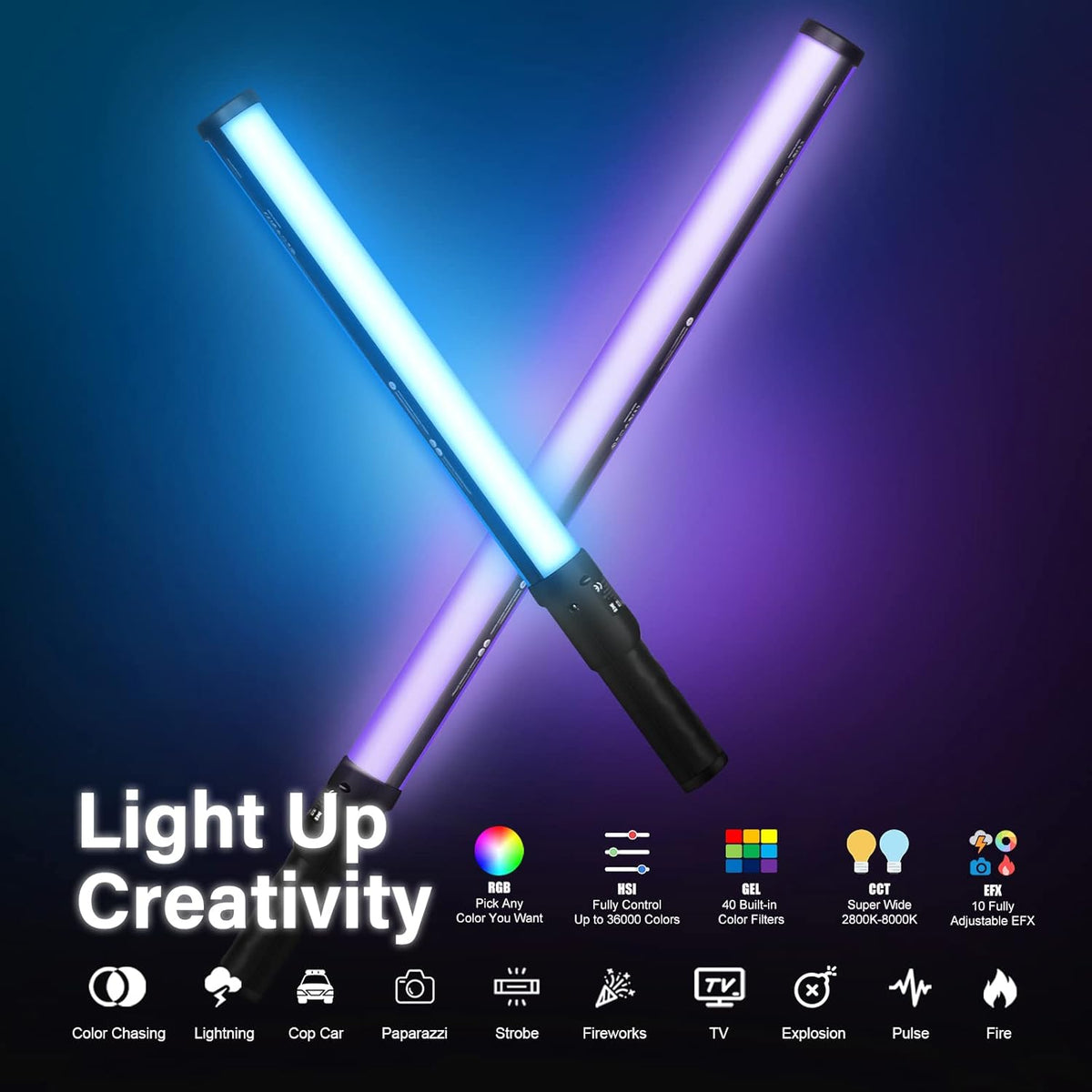 Mettlelite LS400C RGB LED Light Stick Full Color Continuous Output Video Light 2 ft with APP Control 2800K-8000K CRI96 TLCI97 RGB CCT HSI 10 Customizable Light Effects Built in Rechargeable Battery
