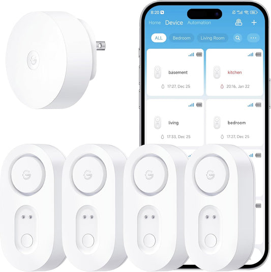 GoveeLife Upgraded Smart Water Leak Detector 1s with 1804ft Ultra-Long Range, WiFi Water Sensor with SMS/Email/APP Push and Sound Alarm,5-Year Battery Life, 4 Pack, Suit for Home, Basement, Kitchen