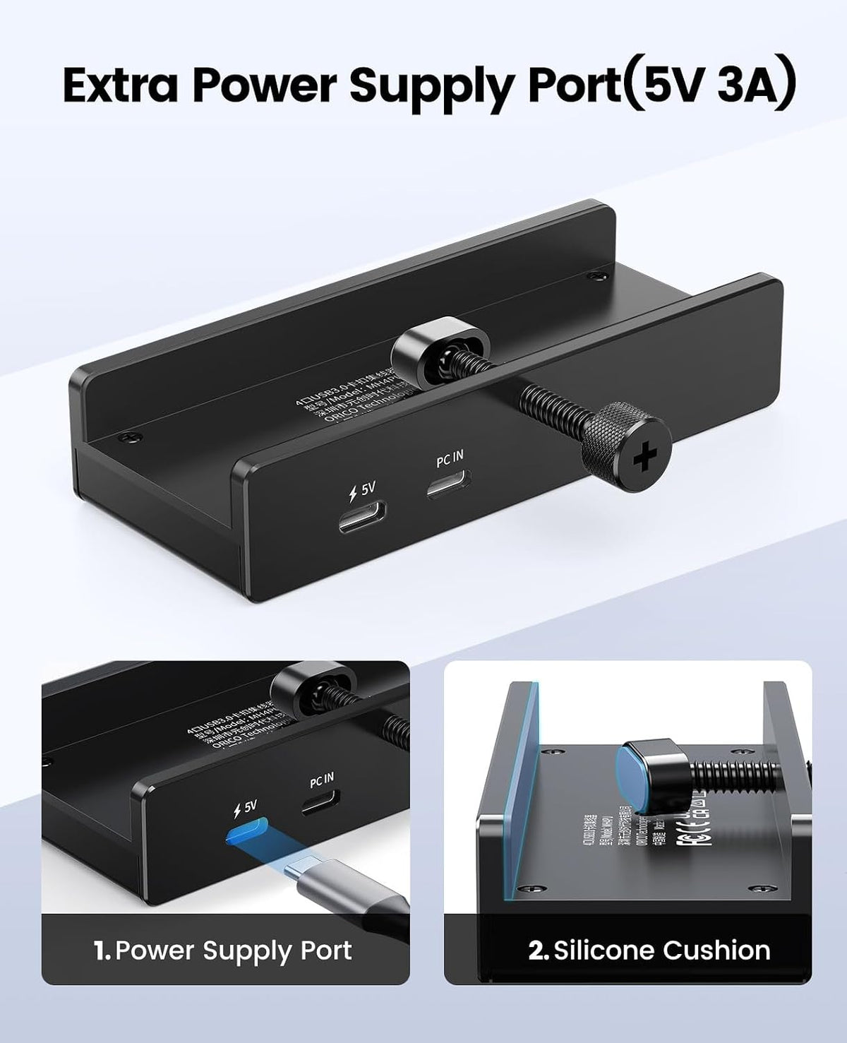 ORICO USB Hub 3.0, 5 Ports Clamp USB Hub with Extra Power Port