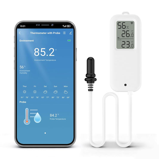eMylo WiFi Refrigerator Thermometer Hygrometer with Probe, Smart Wireless Freezer Temperature Humidity Monitor, App Alerts & Data Export, Alexa Compatible for Fridge, Aquarium, Wine Cellar