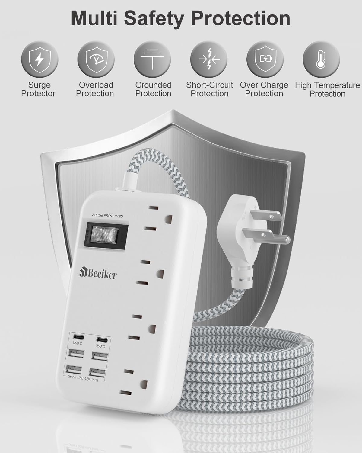 6 USB Travel Power Strip,4 Outlets,5Ft Extension Cord,Surge Protector,13A | 2 USB C,6 USB Charging Station,5Ft Braided Extension Cord,Surge Protector,Switch,Wall Mount,Flat Plug,For Travel Office Dorm