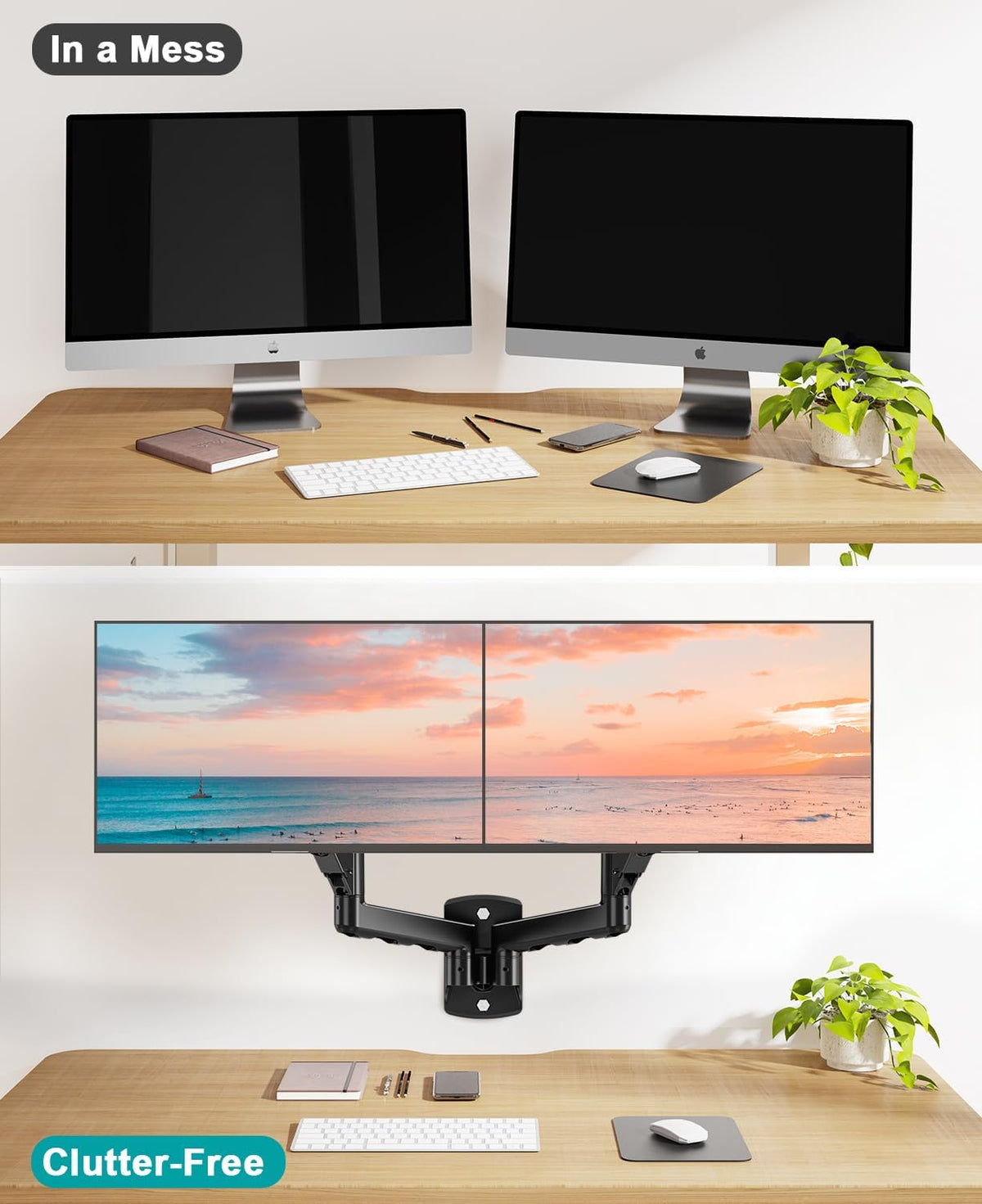 MOUNT PRO Dual Monitor Wall Mount for 2 Computer Screen up to 32 Inch, Gas Spring Double Monitor Arm Holds Up to 19.8lbs Each, Full Motion Adjustable Wall Monitor Mount, VESA Mount 75x75/100x100