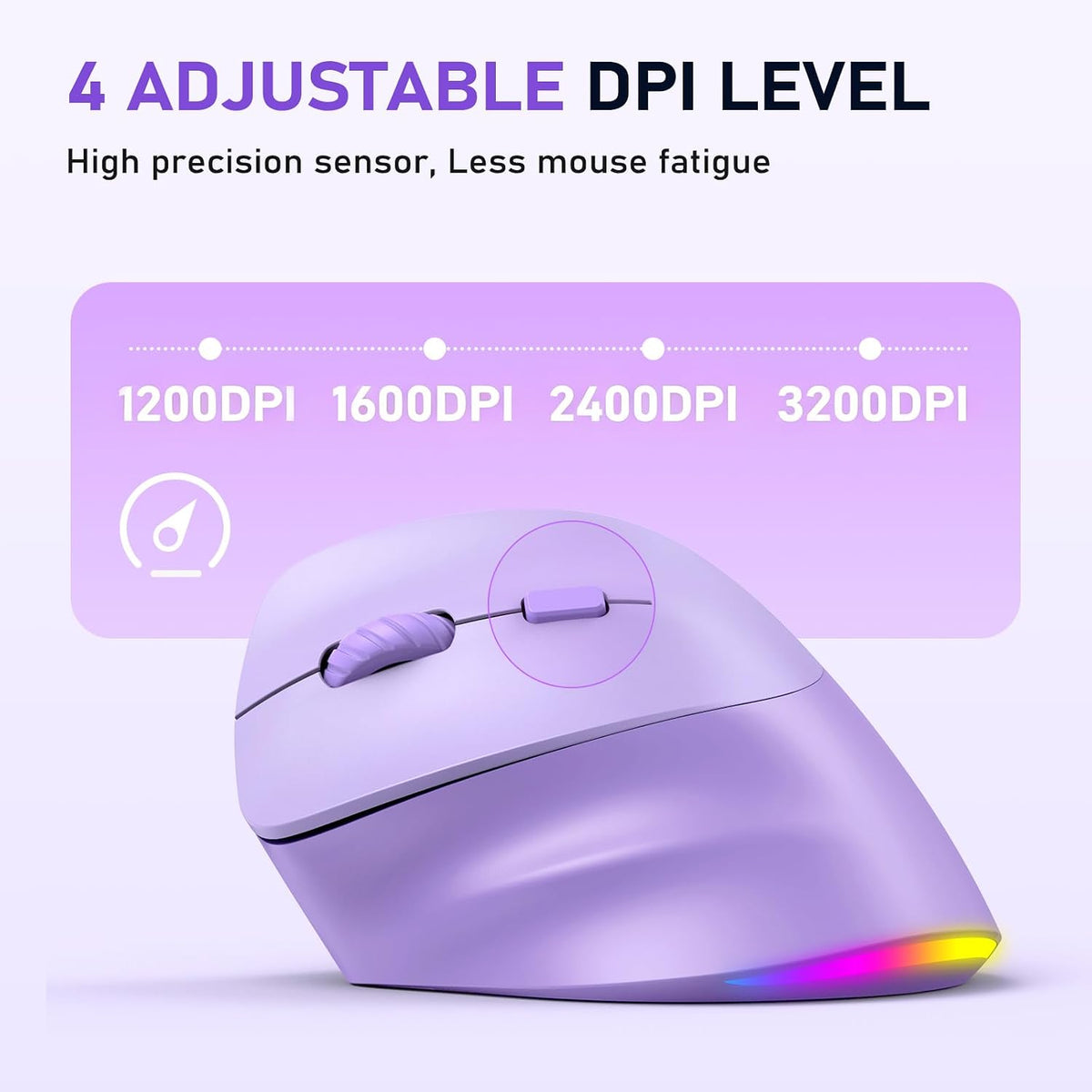 MEETION Left-Handed Wireless Ergonomic Vertical Mouse, Rechargeable -Purple | Dual Bluetooth 5.2/3.0 + USB, RGB lighting, 4 adjustable DPI, compatible with Windows, Mac, PC, iPad and tablets